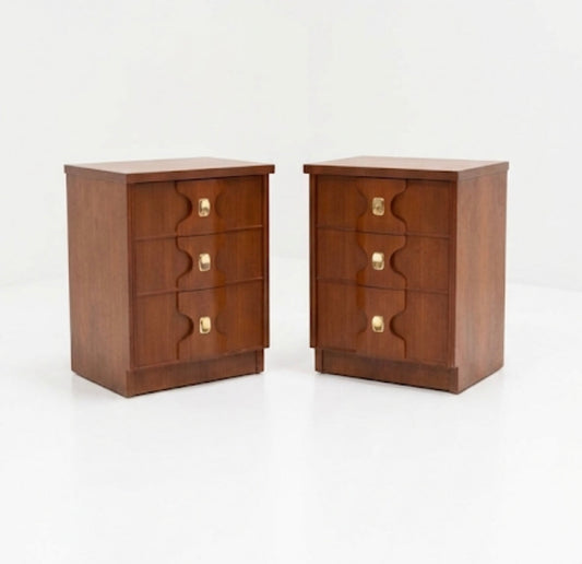 Mid Century Burgess Bedside pair teak and gold 1970s bedroom furniture storage