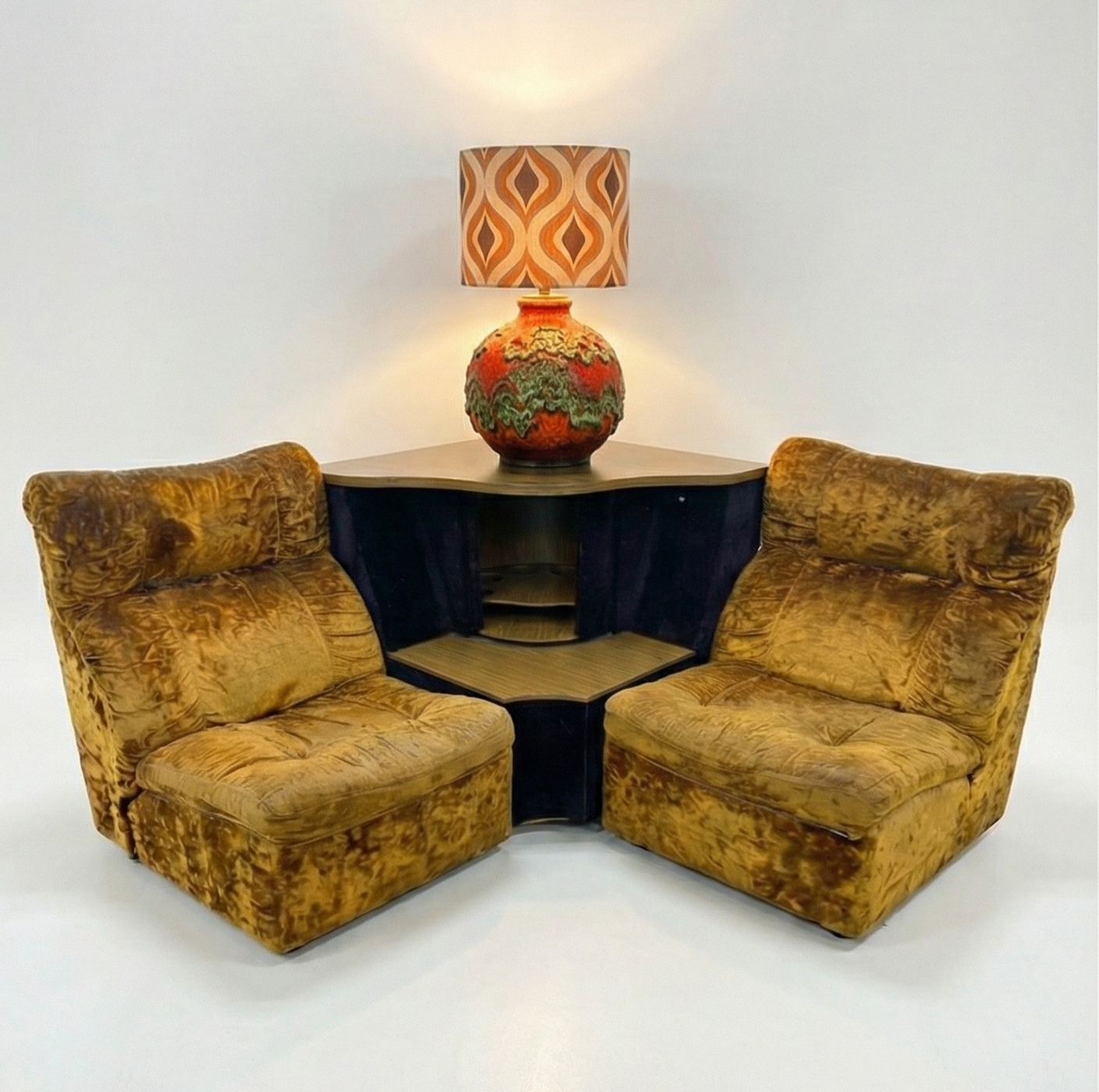 Mid Century Bridgestone ‘Senator’ modular crushed gold velvet brown corner cabinet rotating storage unit sofa lounge five piece