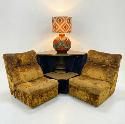 Mid Century Bridgestone ‘Senator’ modular crushed gold velvet brown corner cabinet rotating storage unit sofa lounge five piece